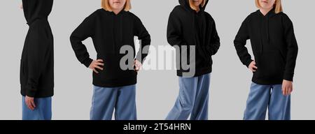Mockup of a black hoodie with a pocket on a girl in jeans, long sleeve front, side view. Set. Fashionable hooded sweatshirt template isolated on backg Stock Photo