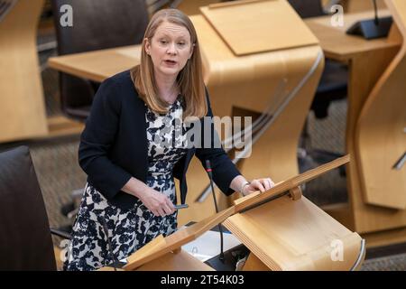 File photo dated 19/04/2023 of the Social Justice Secretary Shirley Anne-Somerville before making a statement in the main chamber of the Scottish Parliament, Edinburgh. The Scottish Government is set to unveil plans for migration in an independent Scotland on Friday. In the sixth paper in a series laying out the prospectus for Scotland after leaving the UK, Social Justice Secretary Shirley-Anne Somerville, independence minister Jamie Hepburn and migration minister Emma Roddick will publish the plans. Issue date: Friday November 3, 2023. Stock Photo
