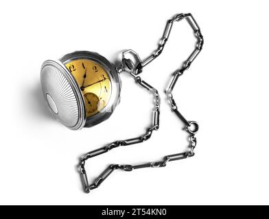 Antique pocket watch on a chain with open lid. Isolated on white background. Stock Photo