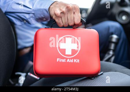 Emergency Car Accident Aid: First Kit Box Stock Photo