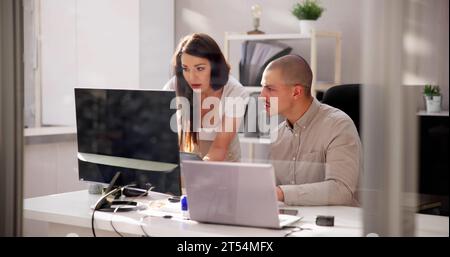 Business People Training On Computer. Young Woman In Office Stock Photo