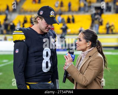 Hookstown, Pennsylvania, USA. 1st Nov, 2023. Pittsburgh Steelers quarterback KENNY PICKETT (8) gives an interview after the NFL football game between the Pittsburgh Steelers and the Tennessee Titans at Acrisure Stadium in Pittsburgh, Pennsylvania. (Credit Image: © Brent Gudenschwager/ZUMA Press Wire) EDITORIAL USAGE ONLY! Not for Commercial USAGE! Stock Photo