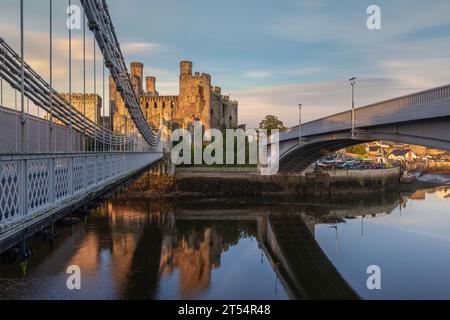 Conwy is a historic town in North Wales with a medieval castle and the smallest house in Great Britain. Stock Photo