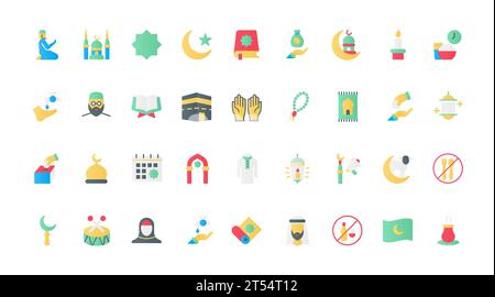 Islam flat icons set vector illustration. Muslim religion and worship symbols, Saudi man and woman in hijab, mosque and Quran, religious calendar of holidays for prayers and charity. Stock Vector