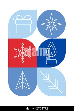 Trendy bauhaus pattern Christmas poster. Vector geometric winter shapes in blue and red colors. Simple abstract modern design elements. Fashion retro Stock Vector