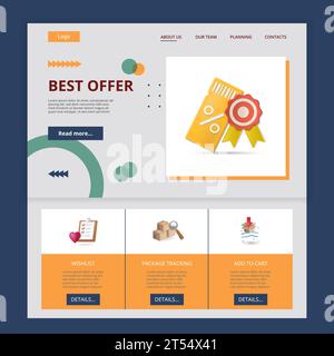 Best offer flat landing page website template. Wishlist, package tracking, add to cart. Web banner with header, content and footer. Vector Stock Vector