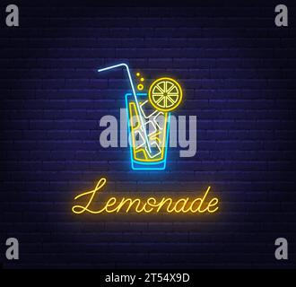 Lemonade neon sign on brick wall background Stock Vector