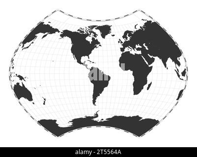 Vector world map. Ginzburg IX projection. Plain world geographical map with latitude and longitude lines. Centered to 60deg E longitude. Vector illust Stock Vector