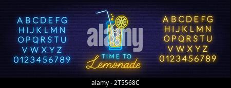 Time to Lemonade neon sign on brick wall background. Blue and yellow neon alphabets. Stock Vector