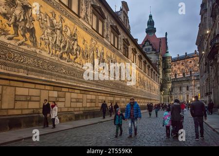 Augustusstrasse with the tile mural Fürstenzug (the Procession of Princes) of the Dresden Residenzschloss Stock Photo