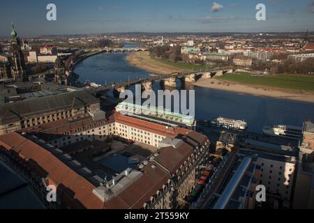 Panoramic aerial view of the Augustusbrücke a bridge over the Elba River in Dresden Stock Photo