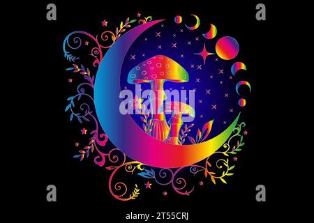 Celestial Mystical boho mushrooms, magic Amanita Muscaria with moon and stars, witchcraft symbol, witchy esoteric Psychedelic concept. Party rave Stock Vector