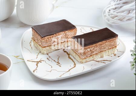 layered delicate mousse cake with chocolate Stock Photo
