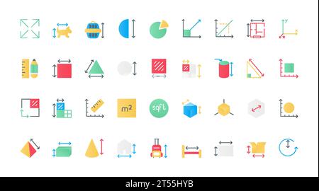 Dimension, area, and measure flat icons set vector illustration. Infographic pictograms of length, height, and width measurement, circular and straight lines with arrows and scales. Stock Vector