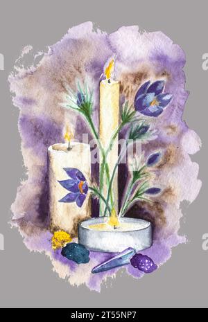 Watercolor illustration magic set with candles, stones and crystals, hand drawing, esoterics. Stock Photo