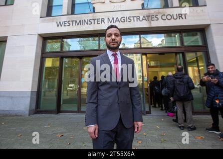 London, England, UK. 3rd Nov, 2023. Activist SAYED AHMED ALWADAEI, who was allegedly racially abused by Beckenham MP Bob Stewart, is seen outside Westminster Magistrates' Court. (Credit Image: © Tayfun Salci/ZUMA Press Wire) EDITORIAL USAGE ONLY! Not for Commercial USAGE! Stock Photo