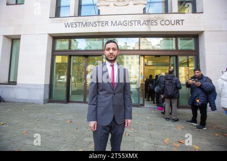 London, England, UK. 3rd Nov, 2023. Activist SAYED AHMED ALWADAEI, who was allegedly racially abused by Beckenham MP Bob Stewart, is seen outside Westminster Magistrates' Court. (Credit Image: © Tayfun Salci/ZUMA Press Wire) EDITORIAL USAGE ONLY! Not for Commercial USAGE! Stock Photo