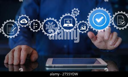 Automation for business process workflow optimization and productivity improvement. Robotic process automation and business process management. AI tec Stock Photo