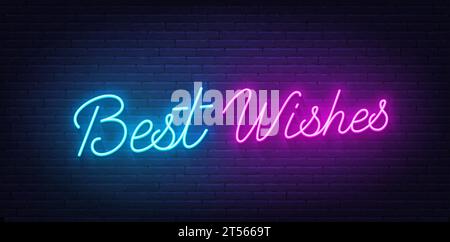 Best Wishes neon text on brick wall background. Stock Vector