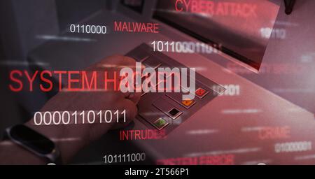 Woman using ATM pressing the PIN security number with VR cyberattack interface. Cyber security data and finance protection business technology. Stock Photo