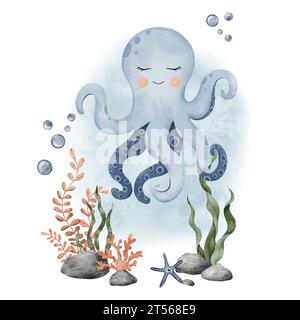 Underwater Animals. Cute undersea octopus, shells, algae, corals and bubbles. Hand drawn watercolor illustration of sea fish for kids design, poster Stock Photo
