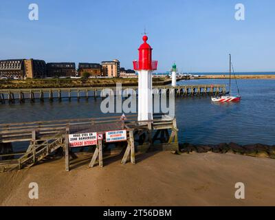 Aerial view, green lighthouse in Deauville and red one in Trouville-sur-Mer, Trouville, river Touques, Cur Cote Fleurie, Honfleur-Deauville Stock Photo