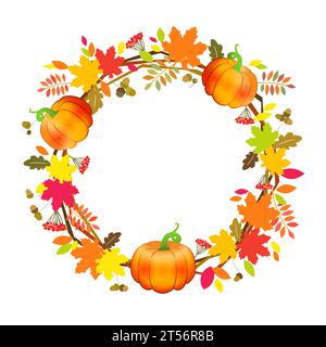 Thanksgiving wreath, pumpkin background. Fall frame design template with colorful autumn leaves and pumpkins. Vector illustration Stock Vector