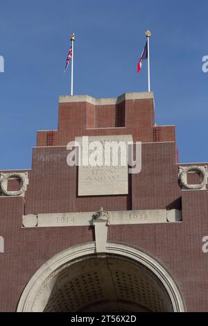 The Thiepval Memorial to the Missing of the Somme: this inscription appears on both the west and east-facing facades above the main arch. Stock Photo