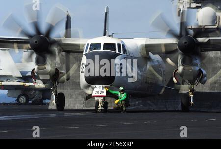 US Navy A C-2A Greyhound from assigned to the Providers of Fleet Logistics Combat Support Squadron (VRC) 30 prepares to launch d.jpg Stock Photo