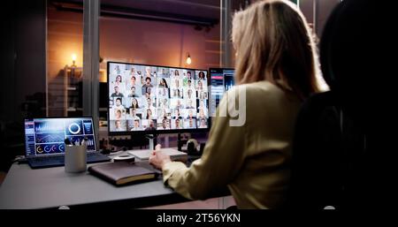 Virtual Conference Meeting: Computer Screen Video Webinar Stock Photo