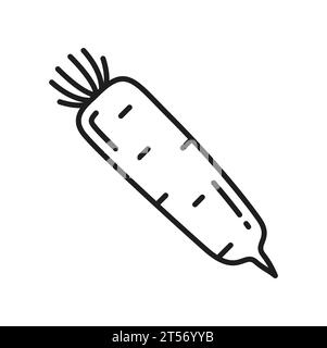 White radish isolated daikon vegetable root thin line icon. Vector fresh veggie with stem, chai tow ingredient. Horseradish rhizome plant Stock Vector