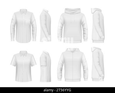 White men shirt, hoody and polo mockups, vector isolated templates of sweatshirt or sweater. White hoodie mock ups with blank front and back, casual menswear or man sport apparel and polo shirts Stock Vector