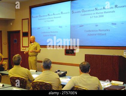 US Navy Adm. Robert F. Willard, commander of the U.S. Pacific Fleet, speaks to attendees of the 2008 Scientific Operational Naval Acoustic Research Conference on Marine Mammals.jpg Stock Photo
