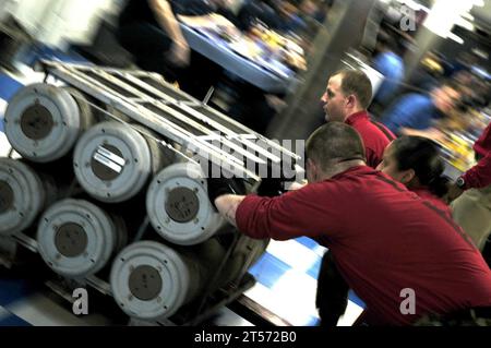 US Navy Aviation Ordnancemen from the weapons department aboard the Nimitz-class aircraft carrier USS Theodore Roosevelt (CVN 71) move ordnance.jpg Stock Photo