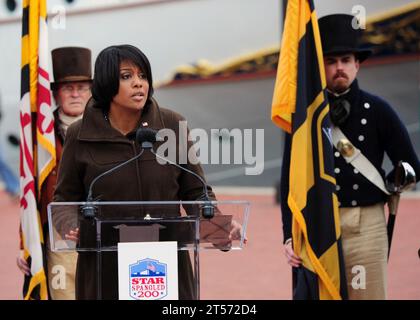 US Navy Baltimore Mayor Stephanie Rawlings-Blake delivers remarks during the announcement of the Navy's commemoration of the Bic.jpg Stock Photo