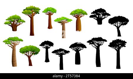 African baobab trees and silhouettes. Isolated vector set of majestic and ancient plants, stand tall with their iconic swollen trunks and spreading branches, symbolizing resilience in arid landscapes Stock Vector