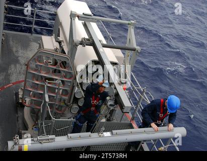 US Navy Fire Controlmen transfer missiles from a Nato Sea Sparrow Missile System during a weapons movement evolution aboard the.jpg Stock Photo