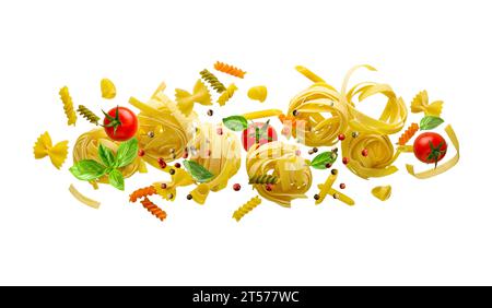 Uncooked mix of pasta flying with tomatoes and basil isolated on white background Stock Photo