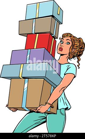 The girl is holding many boxes in her hands. Shopping everywhere, online and offline. Special offers from stores with exclusive discounts and bonuses Stock Vector