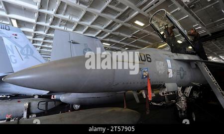 US Navy Sailors clean the canopy on an F18F Super Hornet assigned to the Black Aces of Strike Fighter Squadron (VFA) 41 aboar.jpg Stock Photo