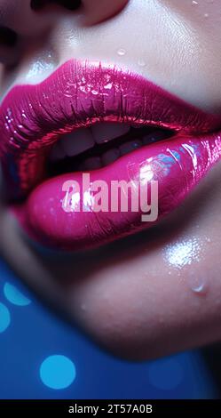 Close-up portrait of a young woman with bright pink lipstick applied to her lips Stock Photo