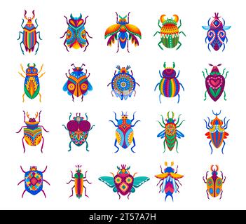 Cartoon beetles. Funny bugs with colorful ornaments on wings and back. Fantasy animals, alien planet insects or bugs, fairytale isolated vector beetles with vibrant, mexican or african patterns Stock Vector