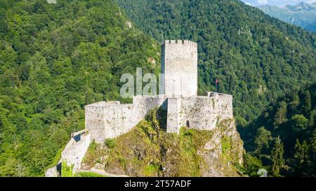 Zil castle. Historical castle located in Rize, Turkey. Medieval castle located in the Firtina Valley. aerial view Stock Photo