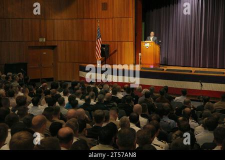 US Navy Secretary of Defense (SECDEF) Leon E. Panetta delivers remarks at the Naval Postgraduate School during a Secretary of th.jpg Stock Photo