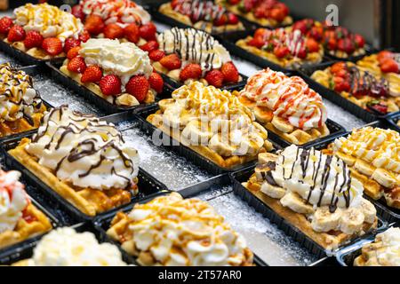 Liege and Brussels waffles with toppings at Le Funambule, Brussels, Belgium Stock Photo