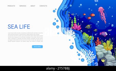 Landing page, underwater paper cut or sea landscape with fish and seaweeds, vector website template. Undersea world or ocean coral reef landing page or web background with papercut jellyfish Stock Vector
