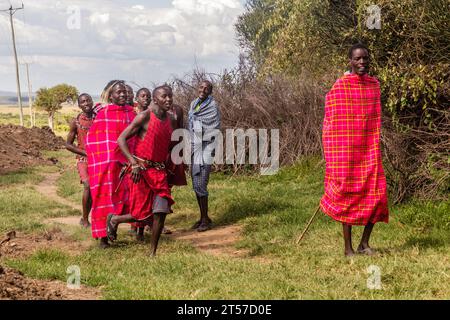 MASAI MARA, KENYA - FEBRUARY 20, 2020: Masai people perform their Jumping Dance, Kenya Stock Photo