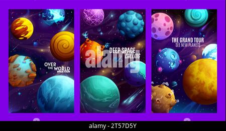 Cartoon galaxy space planets posters. Galaxy research, cosmos travel or space discovery vector leaflet or banner. Universe adventure flyer, vertical poster with fantastic planets, alien space station Stock Vector