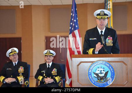 US Navy Vice Adm. Bill French gives his remarks at the Commander, Navy Installations Command (CNIC) change of command ceremony.jpg Stock Photo