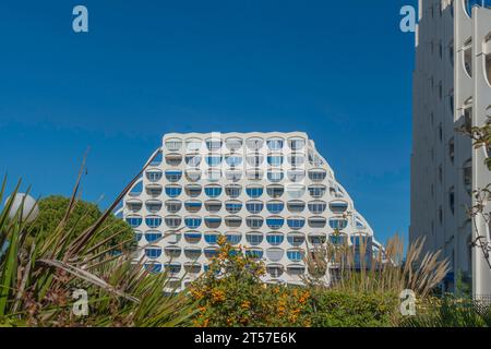 La Grande Motte, France - September 30, 2023 : Futuristic buildings in the town of La Grande Motte, in the south of France, near the Camargue and Mont Stock Photo